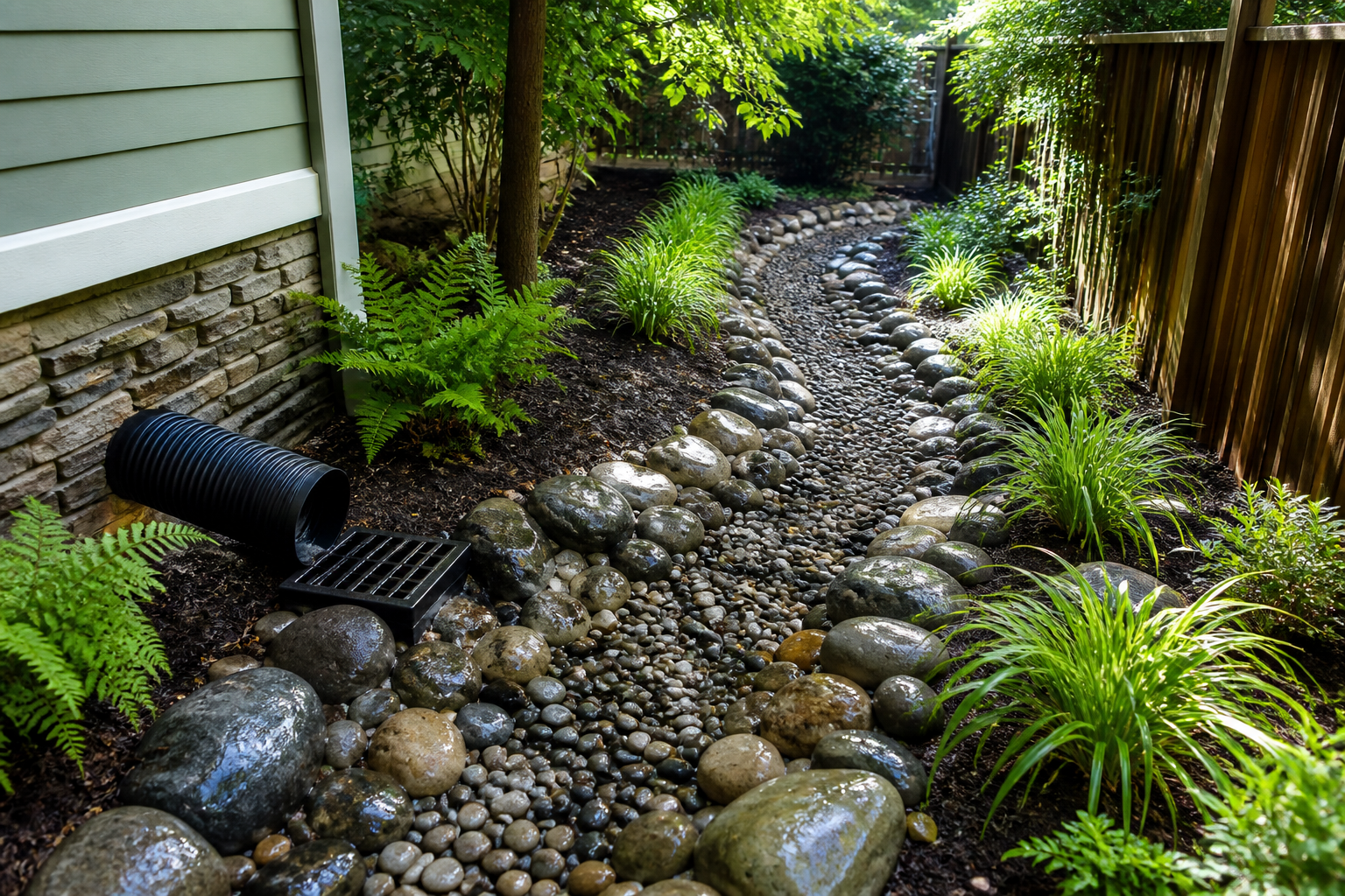 Dry creek bed drainage solution installed in a Kansas City yard