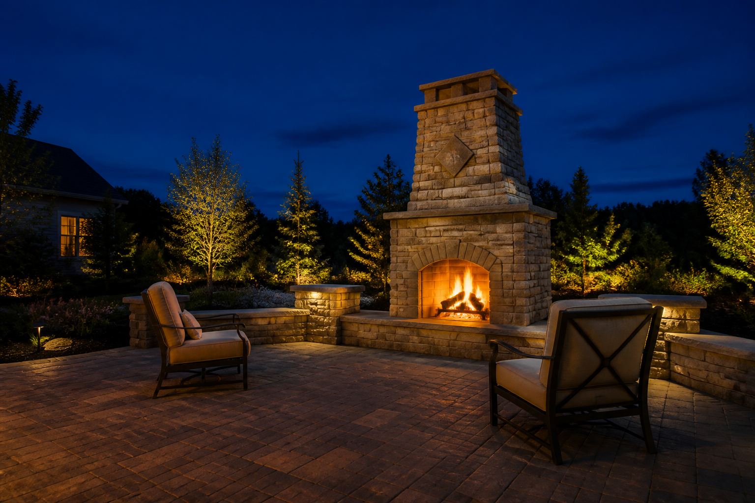 Custom outdoor stone fireplace and patio in Kansas City
