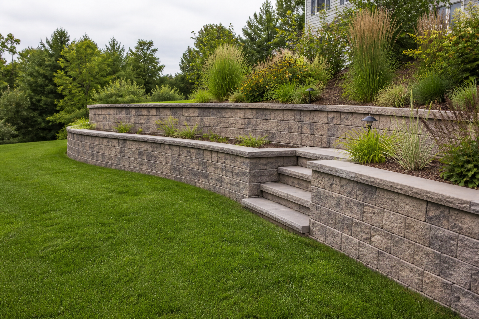 Two-tier retaining wall terracing a sloped Kansas City backyard